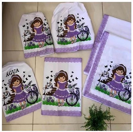 Conjunto/Jogo de Cozinha Estampado com Saia Crochê 6 peças