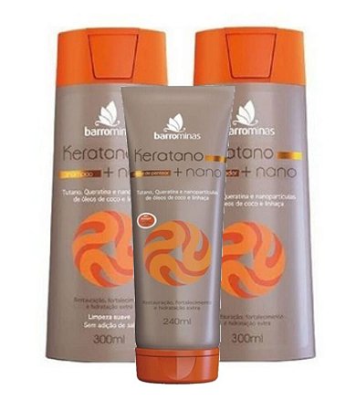 BARROMINAS Keratano + Nano Kit Cabelo Seco e Ressecado Shampoo + Condicionador + Creme para Pentear