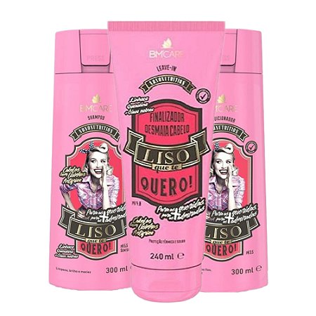 BARROMINAS Kit Alinhamento, Brilho e Controle de Frizz Liso Que Te Quero! - Shampoo, Condicionador e Leave-in - Cabelos Lisos, Volumosos e Ressecados