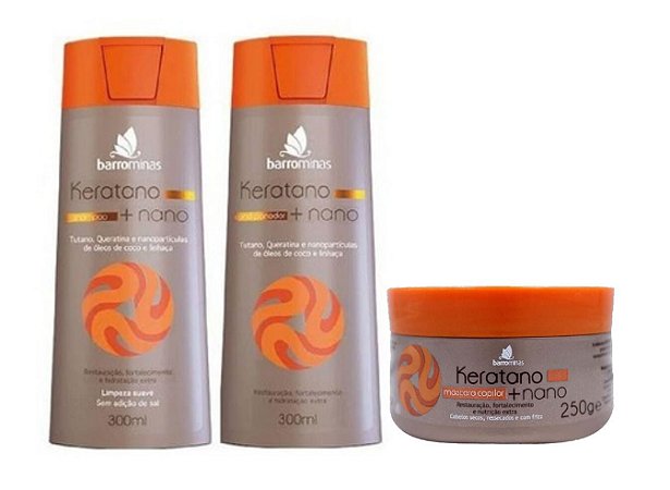 BARROMINAS Keratano + Nano Kit Cabelo Seco e Ressecado Pequeno Shampoo + Condicionador + Máscara