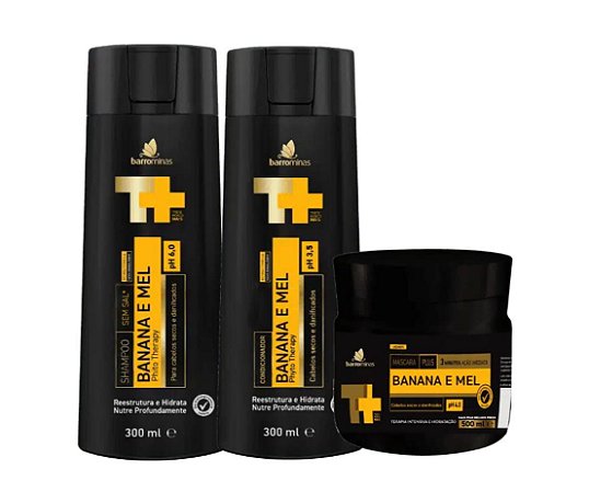 BARROMINAS Banana e Mel Kit para Cabelos Enfraquecidos e Sem Vida Shampoo + Condicionador + Máscara