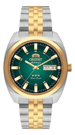 Relógio Automático Orient Masculino Dourado Aço Inox Vidro Safira 38,5mm Prateado Verde