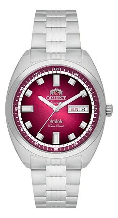 Relógio Orient Automático 3 Estrelas Heritage Mostrador Vermelho Prateado Prateado