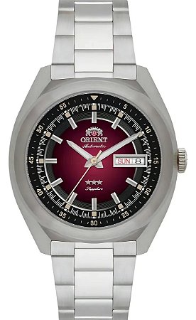 Relógio Orient Automático Masculino Heritage Prata Com Mostrador Vermelho Prateado