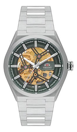 Relógio Orient Automático Nh7ss005 Aço Prata Vidro Mineral Mostrador Dourado Verde