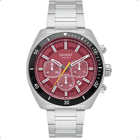 Relógio Orient Neo Sports Cronógrafo Solartech Mbssc286 V1sx Correia Prateado Bisel Preto Fundo Vermelho