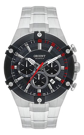 Relógio Masculino Orient Solartech Cronógrafo Com Fundo Preto E Pulseira De Aço Prata