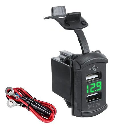 Tomada Usb Veicular 12/24v 2 Saídas Voltímetro Verde Retang.