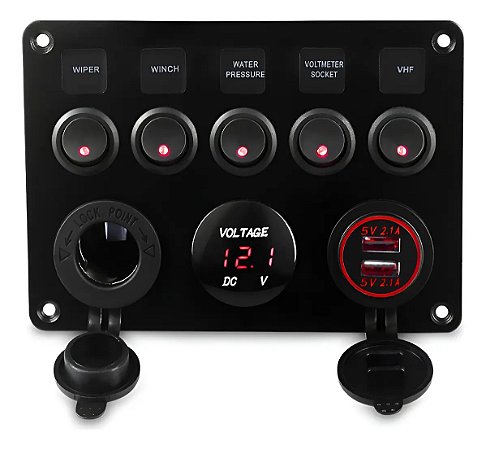 Painel Elétrico Adaptação 5 Chaves Usb Voltímetro Soquete