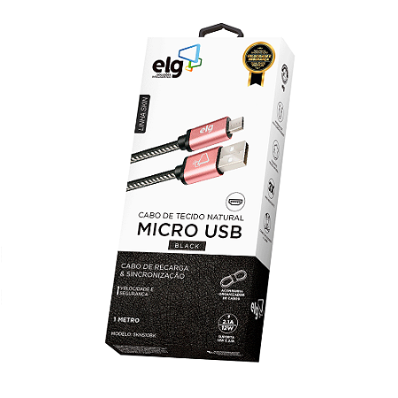 Cabo ELG Micro USB 1 Metro em Tecido Natural Costurado para Recarga e Sincronização SKN510BK