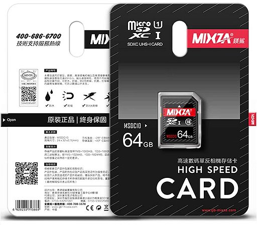 Cartão de memória Mixza 64GB C10 Classe 10 de tamanho completo para câmeras DSLR digitais, players de MP3 e TV Box