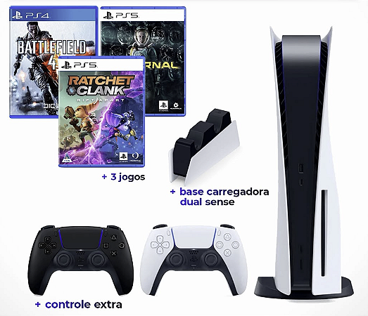 Console Sony PlayStation®5 Standard 825GB SSD + 2 Controles + Base Carregadora dos controles + 3 Jogos - Semi Novo Na Caixa