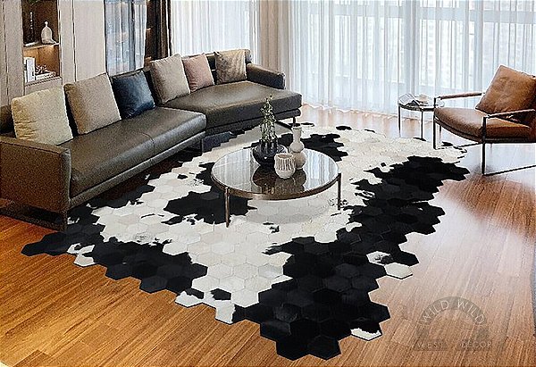 Tapete artesanal em couro de vaca preto e branco – Patchwork hexagonal