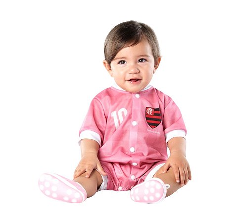 Macacão Bebê Flamengo Rosa Manga Curta Oficial Torcida Baby