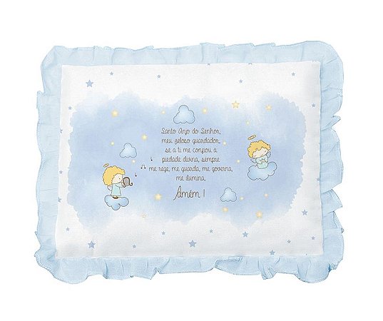 Travesseiro Bebê Com Oração Anjinho e Babado Azul Papi