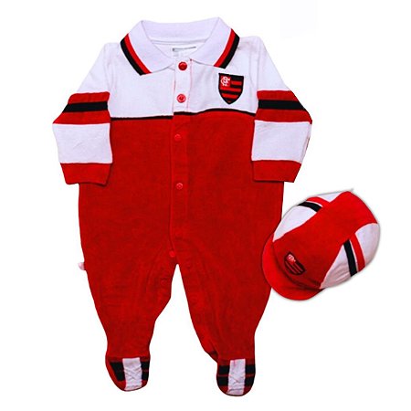 Macacão Bebê Flamengo Longo Plush Com Boné Oficial