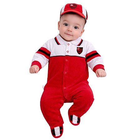 Macacão Bebê Flamengo Longo Plush Com Boné Oficial