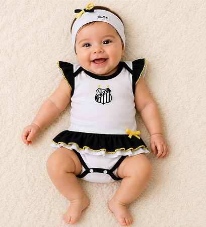 Body Vestido Bebê Santos Com Tiara Oficial