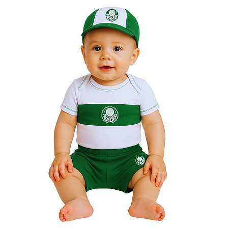 Kit Bebê Palmeiras com Body Shorts e Boné Oficial