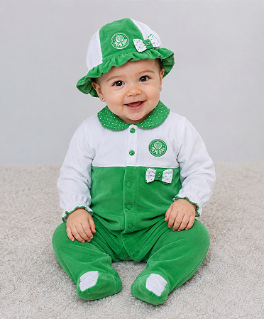 Macacão Bebê Palmeiras Plush Com Gorro Feminino Oficial