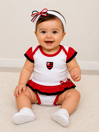 Body Vestido Bebê Flamengo Com Tiara Oficial