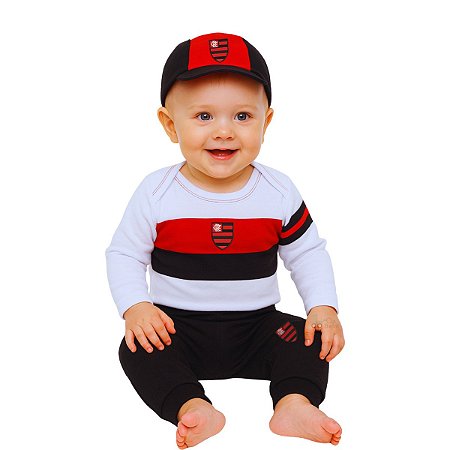 Conjunto Bebê Flamengo Longo Body Calça e Boné Oficial