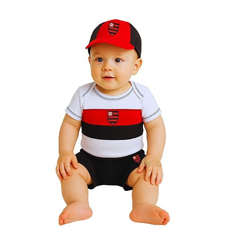 Uniforme Bebê Flamengo Body Shorts e Boné Bordado Oficial