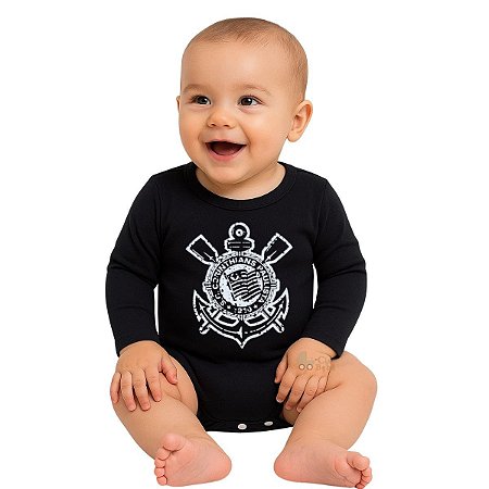 Body Bebê Corinthians Preto Manga Longa Oficial