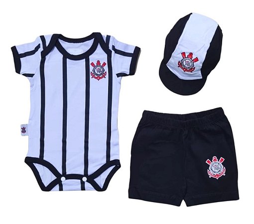 Uniforme Bebê Corinthians Body Shorts e Boné Oficial