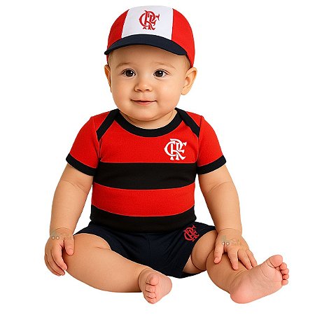 Uniforme Bebê Flamengo Body Shorts e Boné Oficial
