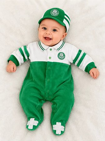 Macacão Bebê Palmeiras Longo Em Plush Com Boné Oficial