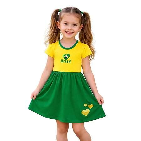 Vestido Infantil Brasil Verde e Amarelo Torcida Baby