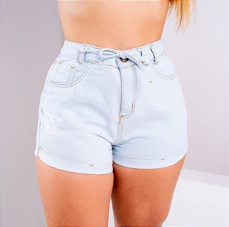 Shorts Jeans Claro Feminino Com Amarração Carmemlis - Cia Bebê