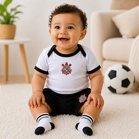 Kit Bebê Corinthians Conjunto Body Shorts e Meia Oficial