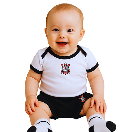Kit Bebê Corinthians Conjunto Body Shorts e Meia Oficial
