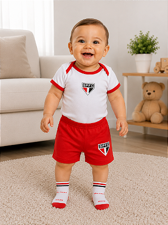 Kit Conjunto Bebê São Paulo Uniforme Body Shorts e Meia