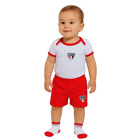 Kit Conjunto Bebê São Paulo Com Body Shorts e Meia Oficial
