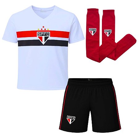 Uniforme Infantil São Paulo Kit 3 Pçs Meião Vermelho Oficial