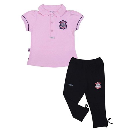 Conjunto Infantil Corinthians Camisa Rosa Calça Preta - Cia Bebê