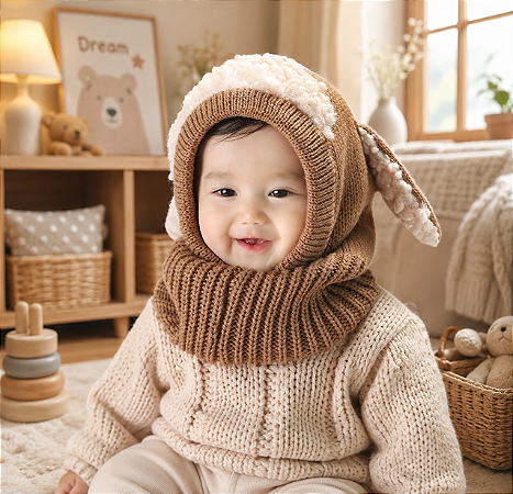 Touca Gorro Cachecol Bebê Infantil Cobre Orelhas Marrom