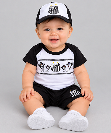 Conjunto Bebê Santos Body Shorts e Boné Oficial