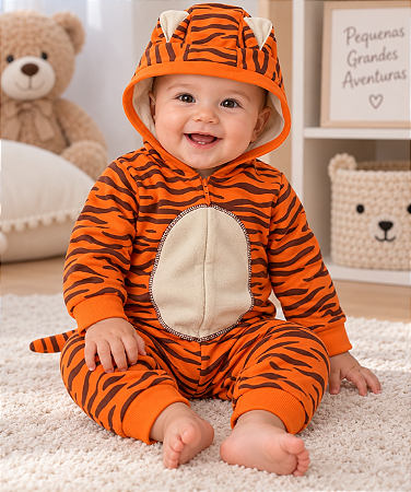 Macacão Bebê Tigrinho Gorro Com Orelhas e Rabo