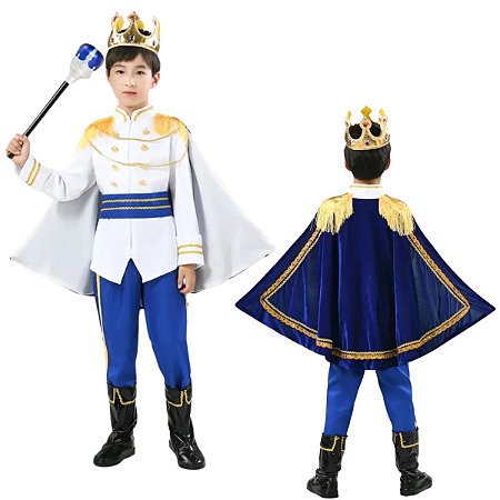 Fantasia Infantil Príncipe Realeza Com Capa e Bastão Azul