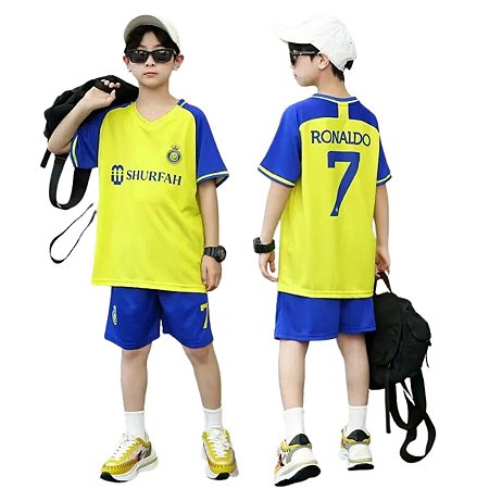 Conjunto Uniforme Infantil Juvenil CR7 Al Nassr Amarelo/Azul