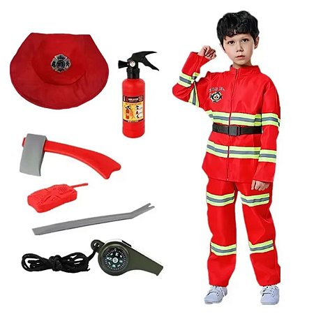 Fantasia Infantil Bombeiro Completa Kit 9 Peças Unissex