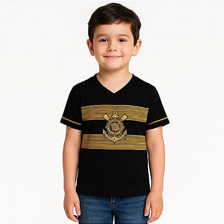 Camiseta Infantil Corinthians Preta Estampa Dourada Oficial