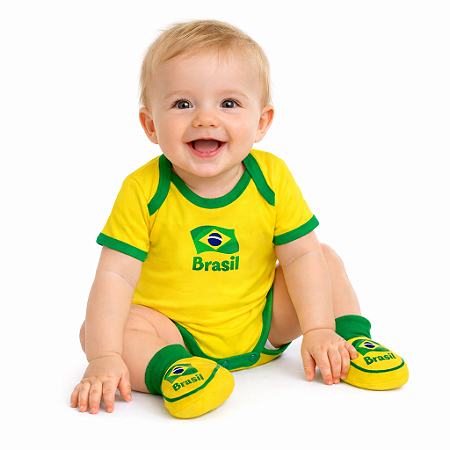 Kit Bebê Brasil Conjunto Body e Pantufa Uniforme Torcida Baby