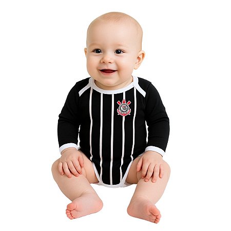 Body Bebê Corinthians Listrado Longo Proteção UV Oficial