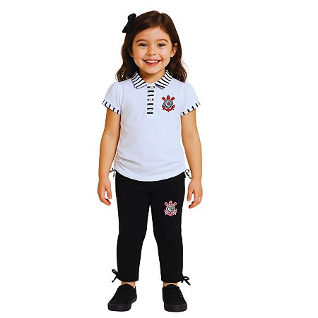 Conjunto Infantil Corinthians Feminino Camiseta Polo e Calça