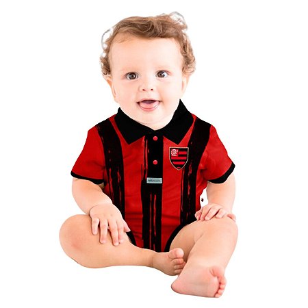 Body Bebê Flamengo Pólo Listrado Rubro Negro Oficial